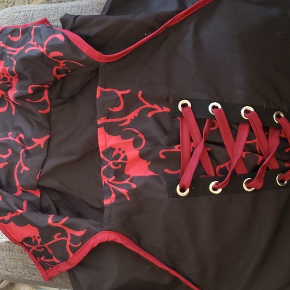 Goth Witch/Vampire Corset Gown w/Burgandy Bat Print Collar & Long Sleeves SZ 12 - Picture 3 of 11